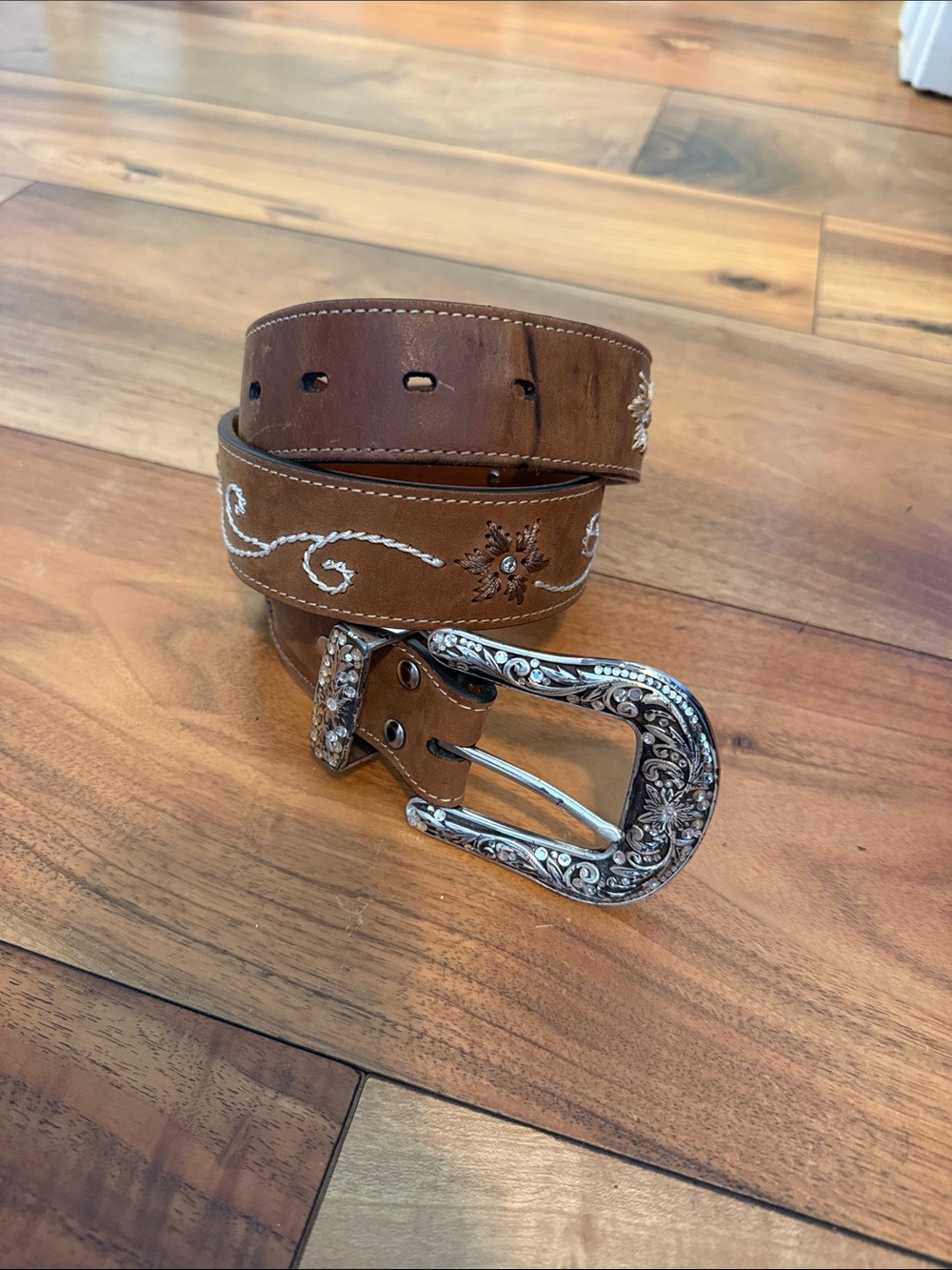 Kids Brown Embroidered Leather Belt with Decorative Buckle